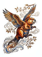 Flying squirrel with ornate wings and floral elements, isolated on white background. Decorative artwork suitable for t-shirt design, tattoo inspiration, and print applications.