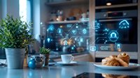 Smart home kitchen with holographic security interface displaying connected device icons and digital network overlay for modern technology automation.