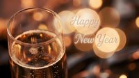 Happy New Year greeting with champagne flute and golden bokeh lights, festive celebration concept for holiday cards and banners.