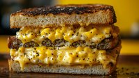 Grilled sandwich with melted macaroni and cheese filling and ground beef patty, topped with black pepper on toasted bread, close-up view on wooden surface.