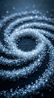 Macro shot of frost crystals forming concentric circular patterns on dark surface, creating sparkling frozen texture with shallow depth of field for winter and nature backgrounds.