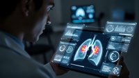 Medical professional analyzing lung scan data on futuristic holographic interface displaying respiratory health diagnostics and patient monitoring systems.