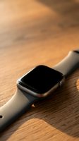 Modern smartwatch with white sport band resting on wooden surface in warm natural lighting for technology and lifestyle concepts.