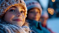 Young person wearing warm winter hat and scarf smiling outdoors during cold snowy weather with blurred people in background and golden bokeh lights.