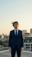 Confident businessman in navy suit standing on urban rooftop at sunset with city skyline background for corporate and professional marketing materials.