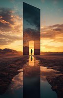 Silhouette of person standing in mysterious mirror portal at sunset, with dramatic reflection in water on desert landscape. Surreal golden sky and clouds create mystical atmosphere.