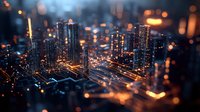 Modern city skyline at night with glowing lights and bokeh effect, featuring illuminated skyscrapers and streets creating futuristic urban landscape with tilt-shift photography style.