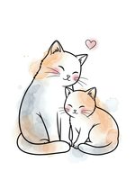 Adorable watercolor mother cat and kitten sitting together with pink heart, soft pastel colors on white background for nursery decor and greeting cards.