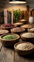 Assorted legumes and grains in wooden bowls on rustic table with cookbooks and kitchen utensils, ideal for food, nutrition, healthy eating, and cooking content.