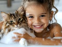 Young girl with brown curly hair and light skin tone bathing with tabby cat, both covered in soap bubbles, smiling happily during bath time playtime.