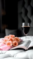 Romantic evening setting with peach roses on open book, red wine glass, and cozy knit texture against dark background. Soft focus creates intimate atmosphere.