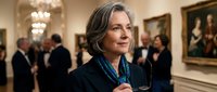 Elegant senior woman with gray hair holding wine glass at upscale gallery opening or museum event with classical paintings and chandelier in background.