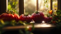 Fresh ripe heirloom tomatoes on wooden windowsill backlit by warm sunlight, with soft bokeh garden background and green leaves for food photography.