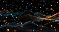Abstract digital waves with glowing orange and turquoise particles floating on dark background, flowing dynamic lines create futuristic technology pattern.
