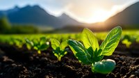 Young green plant seedling emerging from rich dark soil in agricultural field with mountain landscape background at golden hour sunrise.