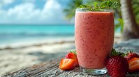 Fresh strawberry smoothie with mint garnish on tropical beach background, cold summer drink with fresh berries and creamy texture against paradise shore view.
