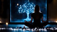 Woman meditating in lotus position facing glowing digital tree with bokeh lights. Mindfulness, wellness and technology concept for relaxation apps.