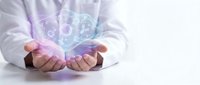 Professional hands presenting holographic brain with neural network connections in medical healthcare technology concept for neuroscience research applications.