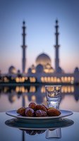 Traditional dates and water glass with mosque silhouette at dusk, reflecting in calm water. Ramadan iftar evening meal setting with spiritual ambiance.