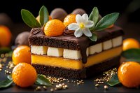 Layered chocolate orange cake slice with dark ganache, citrus filling, cream layer, fresh kumquats and jasmine flower on dark background with golden sparkles.