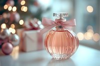 Elegant pink glass perfume bottle with satin bow against blurred holiday background with gifts and bokeh lights, luxury fragrance presentation.
