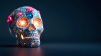 Glowing decorative skull with cosmic galaxy pattern, floral elements and illuminated eye sockets on dark background. Creative art concept for Halloween and Day of Dead.