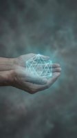 Hand holding glowing geometric wireframe structure against blurred background, representing digital innovation, technology, and network connectivity for business solutions.