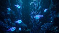 Glowing blue bioluminescent fish swimming in dark deep ocean waters with sparkling particles and coral silhouettes creating magical underwater scene.