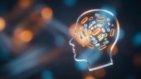Human head silhouette with glowing brain filled with colorful pills and capsules representing pharmaceutical medicine and mental health treatment concepts.