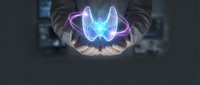 Businessman hands holding glowing digital shield with neon cybersecurity protection symbol for data safety and network defense concepts.