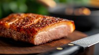 Juicy grilled pork belly with crispy skin and spice rub on wooden cutting board, close-up view showing tender meat texture and caramelized surface.