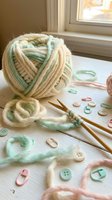 Skein of cream and sage green yarn with wooden knitting needles, scattered pastel buttons, and colorful thread on white surface near sunlit window for crafting projects.