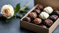 Luxury chocolate truffles in elegant box with cream rose flower on dark background, selective focus on handmade pralines with milk and dark chocolate coating.