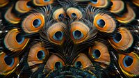 Vibrant peacock feather pattern showing detailed macro view of orange and blue eye spots arranged in symmetrical formation against dark background.