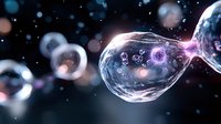 Microscopic cell division process with glowing purple energy transfer between cells against dark background with bokeh light effects and floating particles.