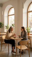 Two professional women having coffee meeting in modern cafe with arched windows and plants, discussing business collaboration in warm natural light.