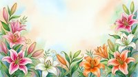 Watercolor lily flowers frame with soft pastel background, blooming pink orange white lilies border design for wedding invitations and greeting cards.