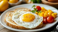 Sunny side up egg on toasted bread served with fresh cherry tomatoes and corn kernels on white plate, morning breakfast setting with natural lighting.