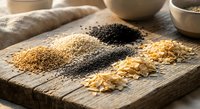 Assorted healthy grains and seeds arranged on rustic wooden cutting board including quinoa, chia seeds, oats and lentils for nutritious cooking and meal preparation.
