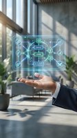 Male professional in business suit holding holographic display showing agile, lean, and systems thinking methodology icons connected in network diagram in modern office environment.