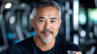 Confident mature Asian man with gray hair and beard smiling at camera in fitness center. Athletic senior wearing black t-shirt during workout at modern gym.