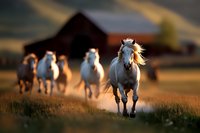White horses galloping across golden meadow at sunset, with rustic barn in background. Lead horse with flowing mane runs toward camera in dramatic lighting.