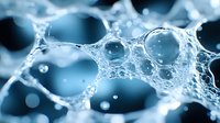 Microscopic view of neural network connections with synaptic structures in blue tones showing intricate cellular patterns and bubble-like formations in scientific detail.