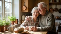 Happy senior Caucasian couple embracing at kitchen table with tea and homemade cake, enjoying cozy morning together in rustic farmhouse interior.