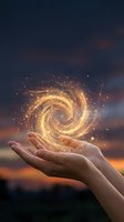 Hands holding glowing golden spiral energy with sparkling particles against dramatic sunset sky for spiritual and mystical concepts.