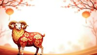 Ornate red and gold ram with decorative patterns standing under blooming cherry blossom branches with lanterns for Chinese New Year celebrations.