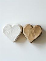 Two heart-shaped clay pieces in white and gold colors on neutral background for pottery crafts and romantic decorations.