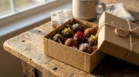 Assorted chocolate truffles in kraft paper box with twine bow on rustic wooden table near window, perfect for bakery, confectionery, gift, and food photography projects.
