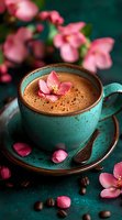 Hot chocolate in turquoise ceramic cup decorated with pink cherry blossom flowers. Dark moody background with scattered coffee beans and petals.