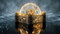Golden cryptocurrency coins emerging from digital circuit board with glowing blockchain network connections and data streams in futuristic tech environment.